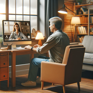 Man having online speech therapy.